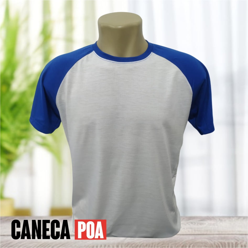 CAMISETA RAGLAN BRANCA / AZUL POLIÉSTER