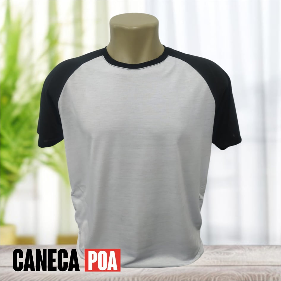CAMISETA RAGLAN BRANCA / PRETA POLIÉSTER