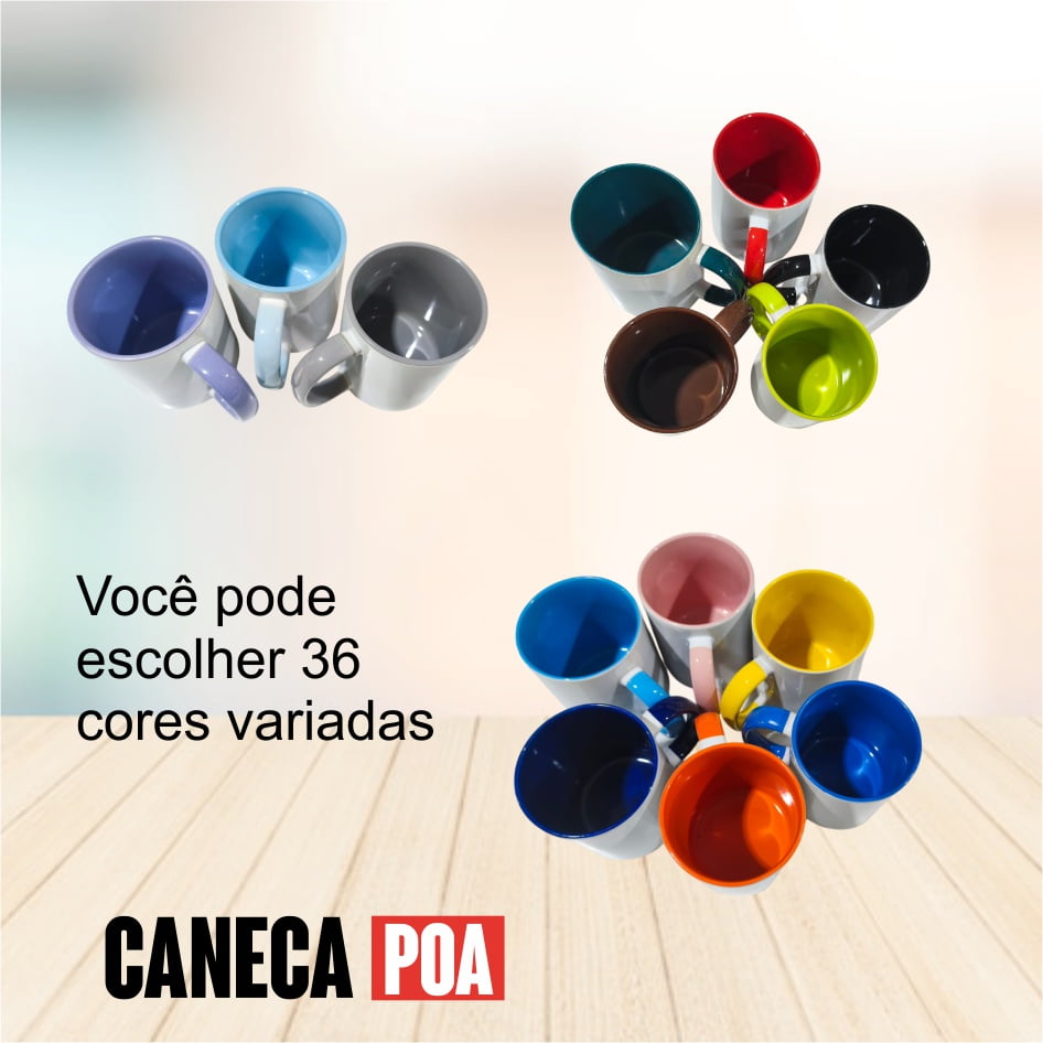 CANECA CERÂMICA BRANCA ALÇA E INTERNO COLORIDA - CAIXA