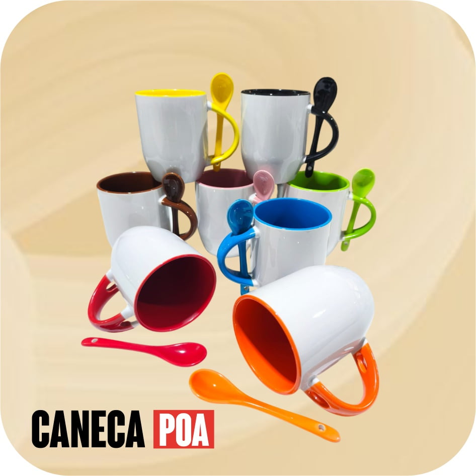 CANECA CERÂMICA BRANCA ALÇA COLHER E INTERIOR COLORIDA