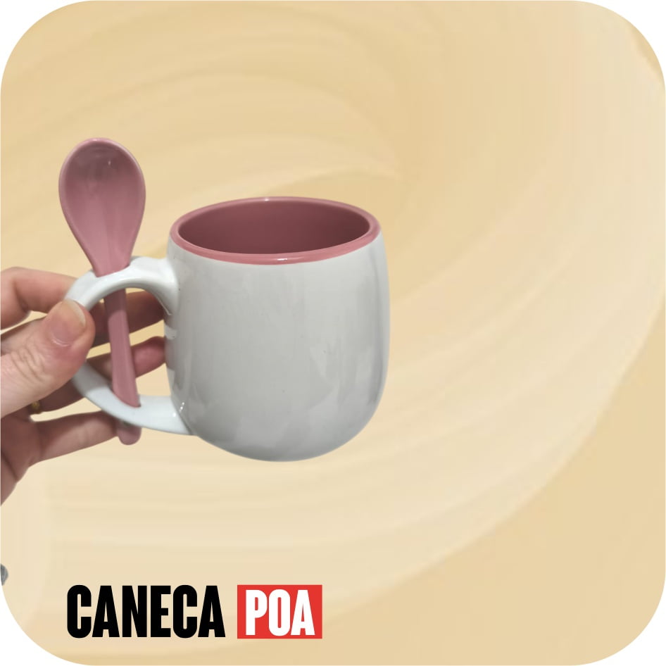 CANECA CERÂMICA BRANCA ALÇA COLHER E INTERIOR COLORIDA