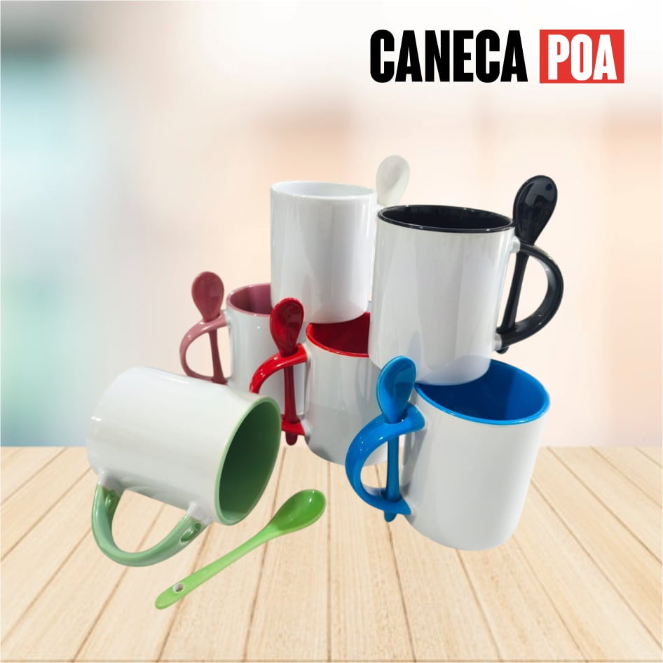 CANECA CERÂMICA BRANCA ALÇA COLHER E INTERIOR COLORIDA RETA 