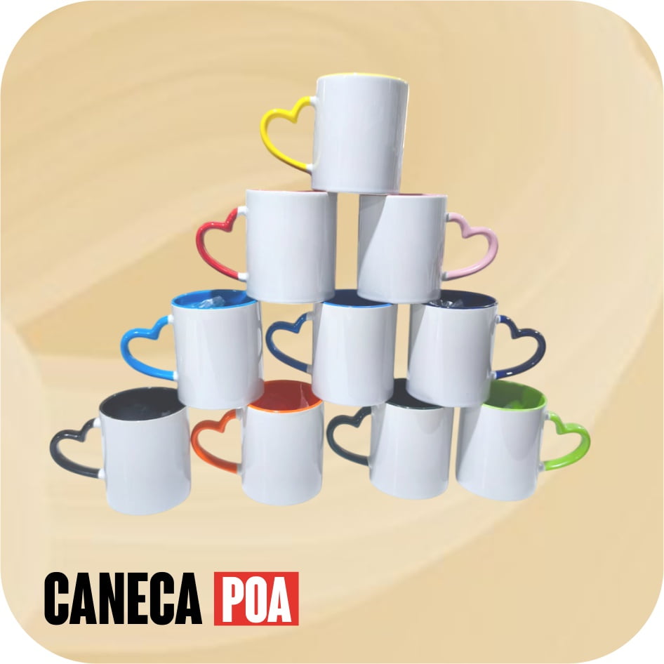 CANECA CERÂMICA BRANCA ALÇA CORAÇÃO E INTERIOR COLORIDA