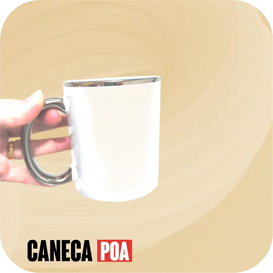 CANECA CERÂMICA BRANCA ALÇA E BORDA METALIZADA
