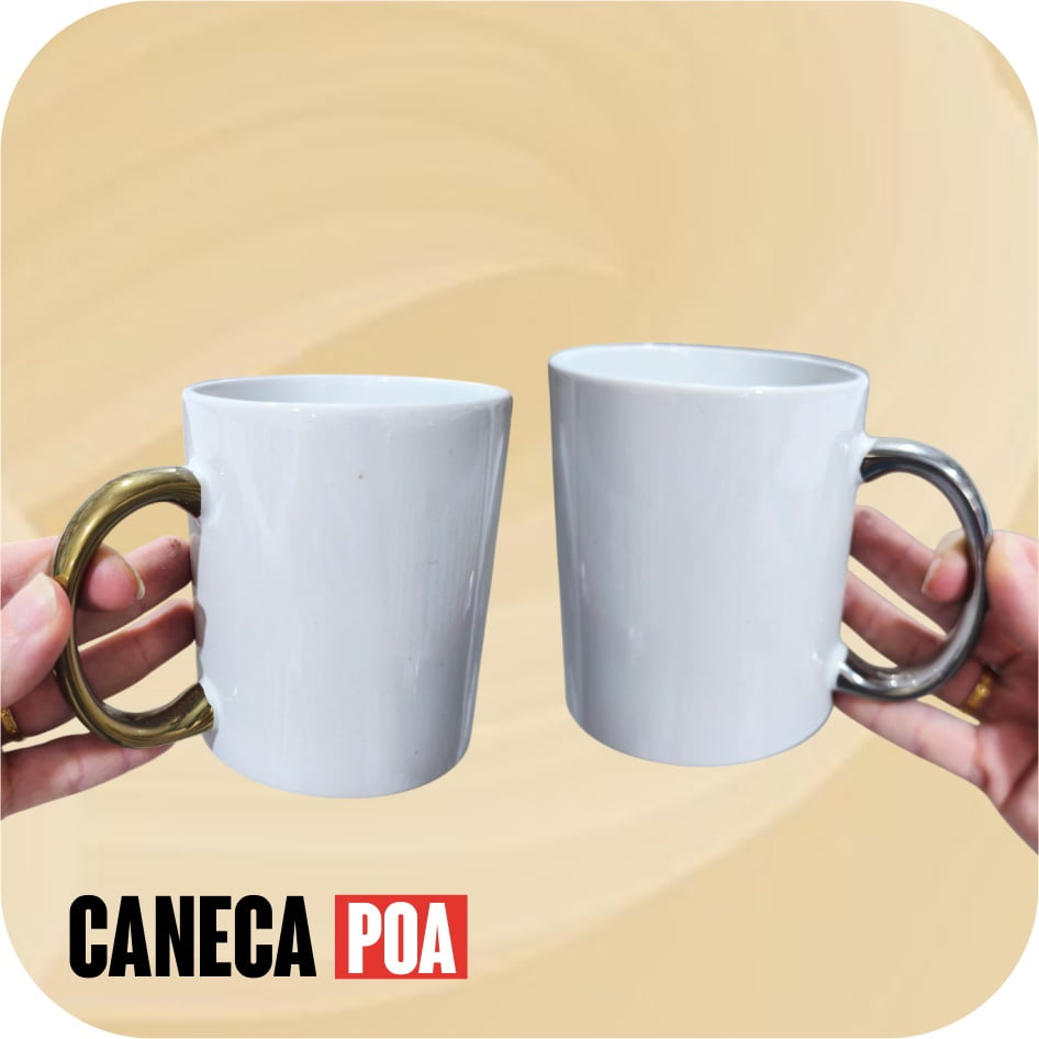 CANECA CERÂMICA BRANCA ALÇA METALIZADA