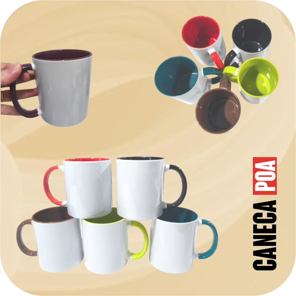 CANECA CERÂMICA BRANCA COM ALÇA E INTERNO COLORIDA