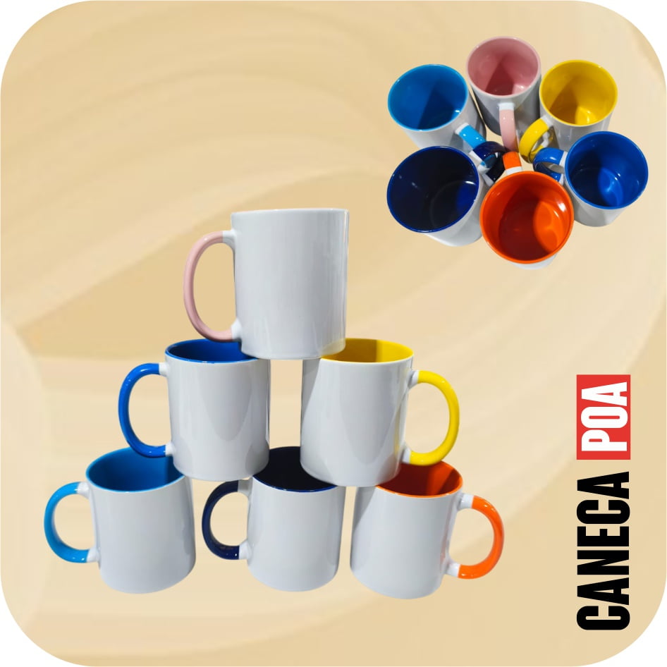 CANECA CERÂMICA BRANCA COM ALÇA E INTERNO COLORIDO
