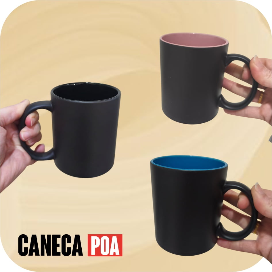 CANECA CERÂMICA MÁGICA PRETA  COM INTERIOR COLORIDO