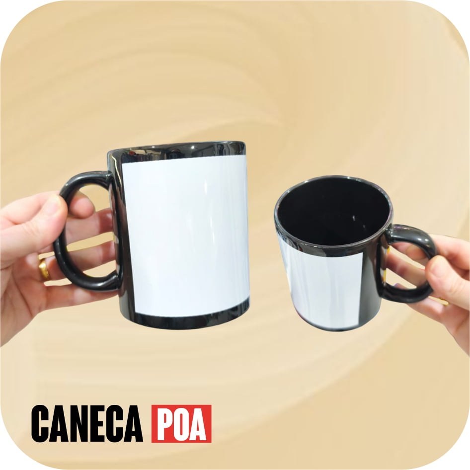 CANECA CERÂMICA PRETA COM TARJA BRANCA