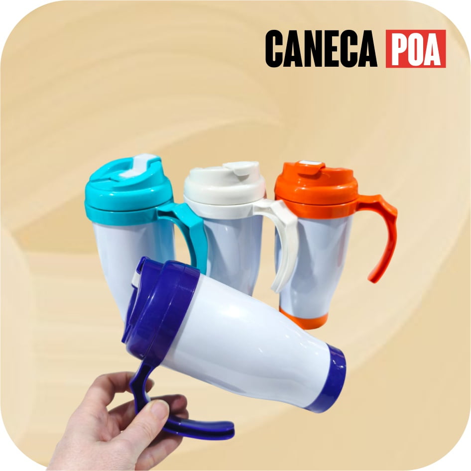 CANECA POLIMERO BRANCA COM ALÇA E TAMPA COLOR - 410ML