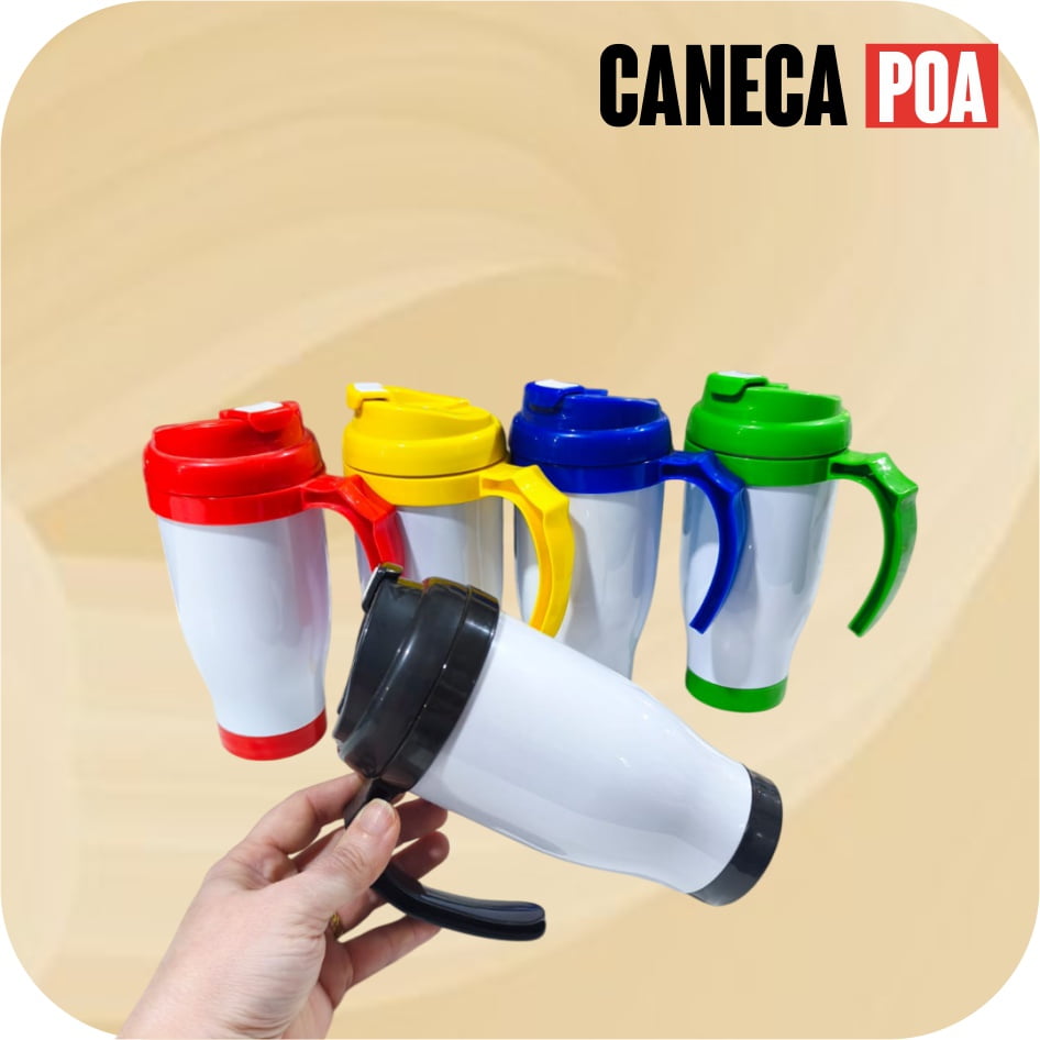 CANECA POLIMERO BRANCA COM ALÇA E TAMPA COLORIDA - 410ML