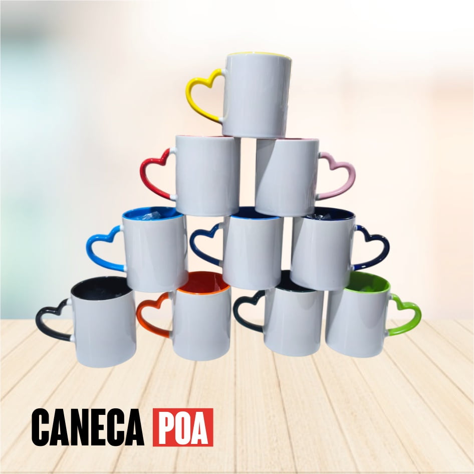 CANECA CERÂMICA BRANCA ALÇA CORAÇÃO E INTERIOR COLORIDA