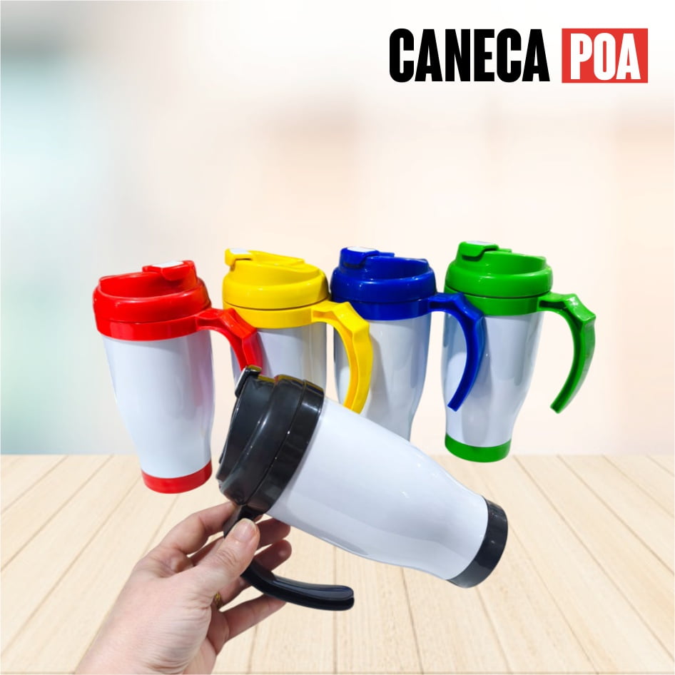 CANECA POLIMERO BRANCA COM ALÇA E TAMPA COLORIDA - 410ML
