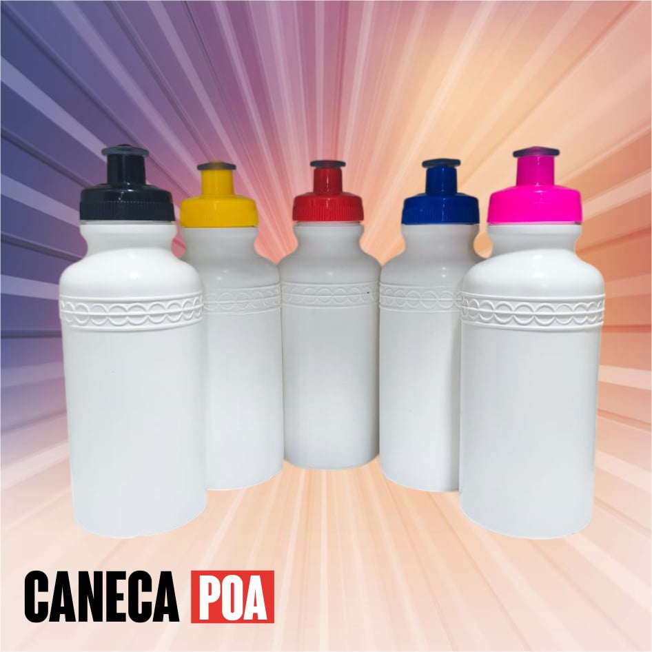 GARRAFA PLÁSTICA BRANCA COM TAMPA COLORIDA 500ml