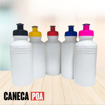 GARRAFA PLÁSTICA BRANCA COM TAMPA COLORIDA 500ml
