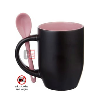 CANECA MÁGICA PRETA COM ALÇA COLHER E INTERIOR COLORIDA