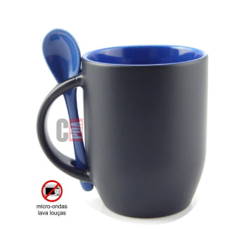 CANECA MÁGICA PRETA COM ALÇA COLHER E INTERIOR COLORIDA