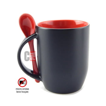 CANECA MÁGICA PRETA COM ALÇA COLHER E INTERIOR COLORIDA