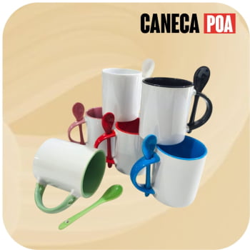 CANECA CERÂMICA BRANCA ALÇA COLHER E INTERIOR COLORIDA RETA CANECA CERÂMICA BRANCA ALÇA COLHER E INTERIOR COLORIDA RETA