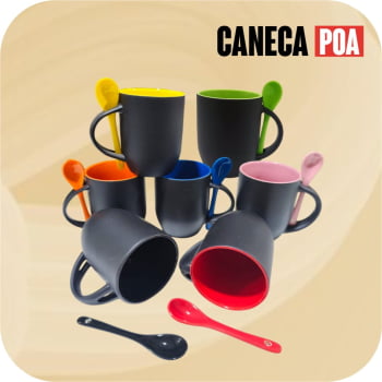 CANECA CERÂMICA MÁGICA PRETA COM ALÇA COLHER E INTERIOR COLORIDA CANECA CERÂMICA MÁGICA PRETA COM ALÇA COLHER E INTERIOR COLORIDA