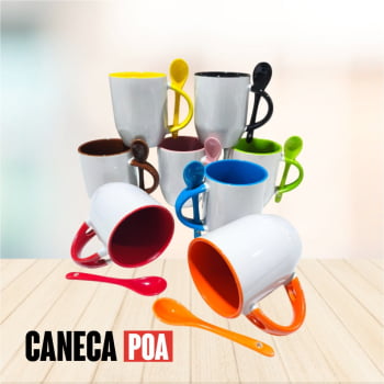 CANECA CERÂMICA BRANCA ALÇA COLHER E INTERIOR COLORIDA