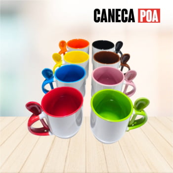 CANECA CERÂMICA BRANCA ALÇA COLHER E INTERIOR COLORIDA
