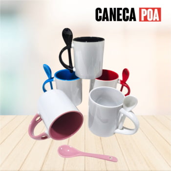 CANECA CERÂMICA BRANCA ALÇA COLHER E INTERIOR COLORIDA RETA 