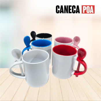 CANECA CERÂMICA BRANCA ALÇA COLHER E INTERIOR COLORIDA RETA 