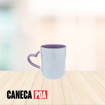 CANECA CERÂMICA BRANCA ALÇA CORAÇÃO E INTERIOR LILÁS