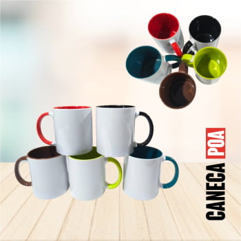 CANECA CERÂMICA BRANCA COM ALÇA E INTERNO COLORIDA