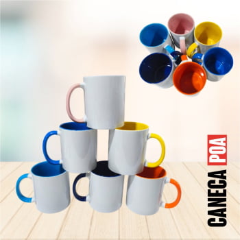CANECA CERÂMICA BRANCA COM ALÇA E INTERNO COLORIDO