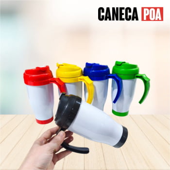 CANECA POLIMERO BRANCA COM ALÇA E TAMPA COLORIDA - 410ML